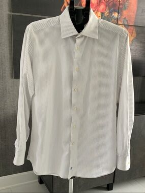David Donahue White Dress Shirt with Thin Gray Pinstripes 16.5 34/35